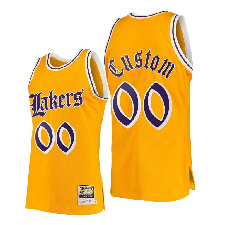 Men's Los Angeles Lakers Custom #00 NBA Yellow Old English Hardwood Classics Gold Basketball Jersey RRO3383KY